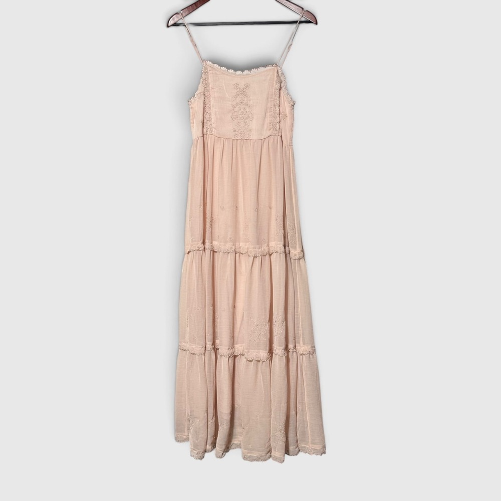 Ethereal Blush Pink Embroidered Maxi Dress S Scalloped Boho Fairycore Coquette